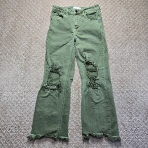 RISEN Jeans Women's 5/27 Green Distressed High Rise Straight Leg Raw Hem Stretch